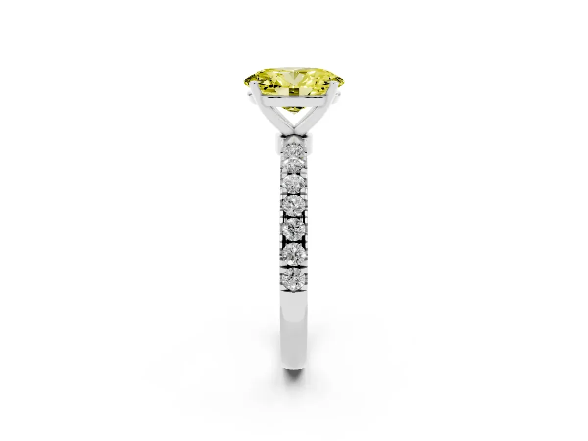 Fancy Yellow Oval Cut Diamond Solitaire Ring with Pavé Accents and Four-Prong Setting White gold