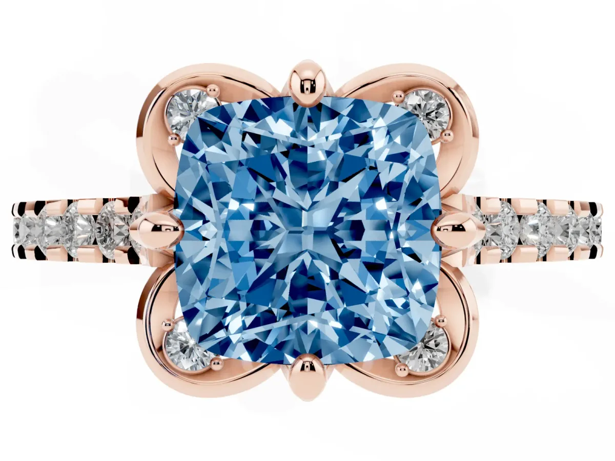 Fancy Blue Cushion Cut Diamond Ring with Pavé Band and Floral Prong Setting Rose gold