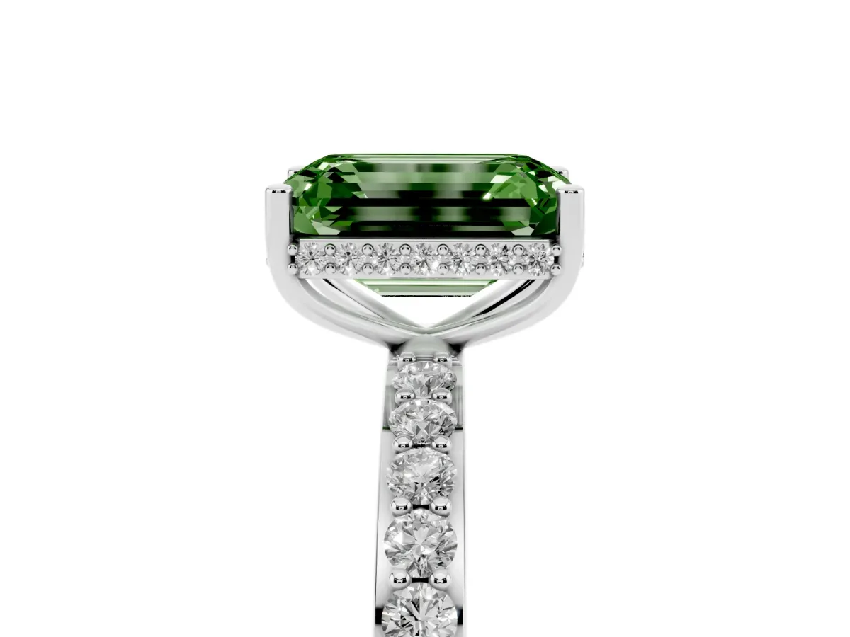 Fancy Green Emerald Cut Diamond Solitaire Ring with Pavé Band and Hidden Halo Silver