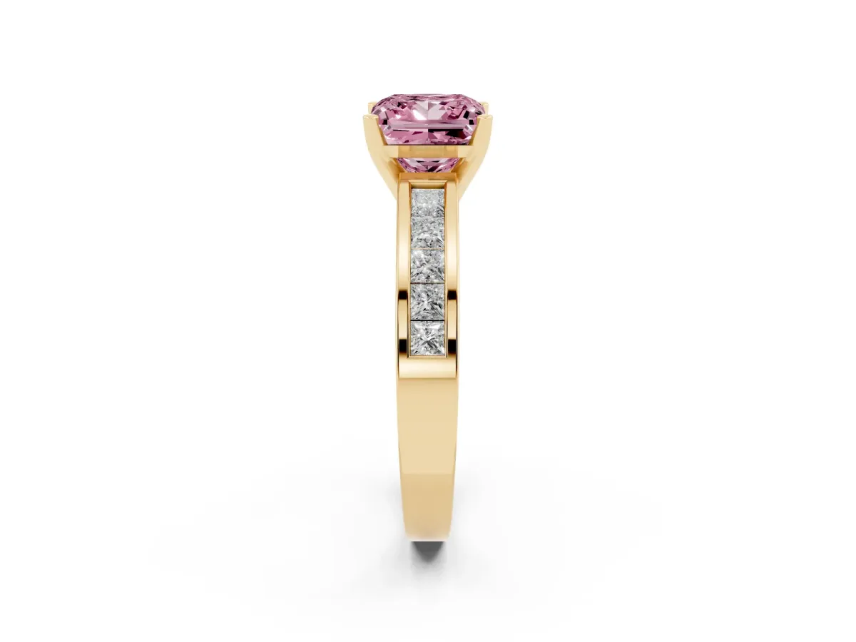 Fancy Pink Princess Cut Solitaire Diamond Ring with Channel-Set Band and Four-Prong Setting Yellow gold