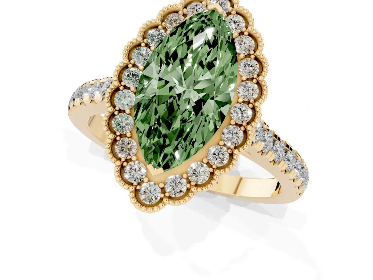 Fancy Green Marquise Cut Cut Diamond Milgrain Floral Halo Engagement Ring with Pavé Band Yellow gold
