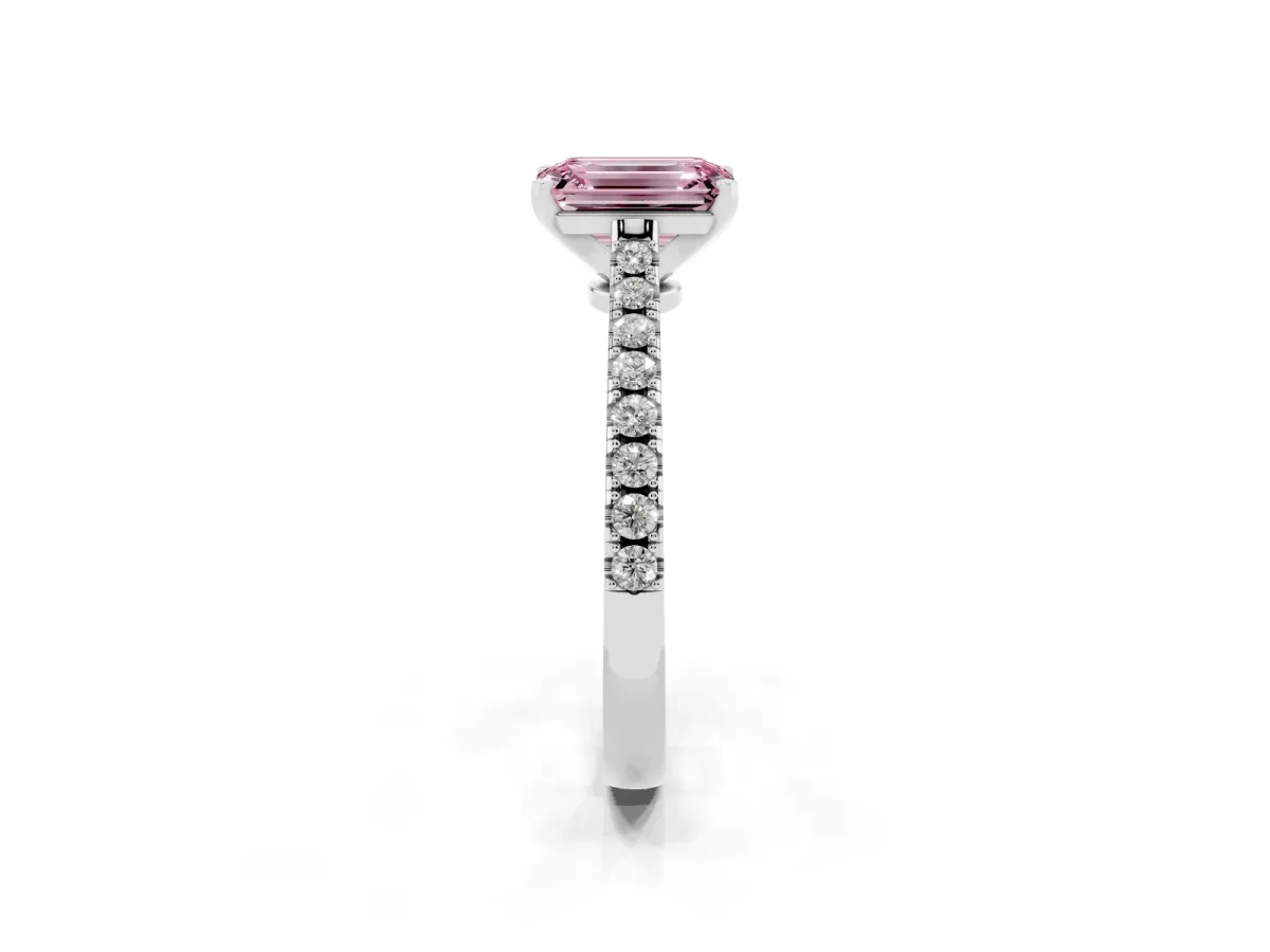 Fancy Pink Emerald Cut Cut Solitaire Diamond Engagement Ring with Pave Band and Four-Prong Setting Platinum