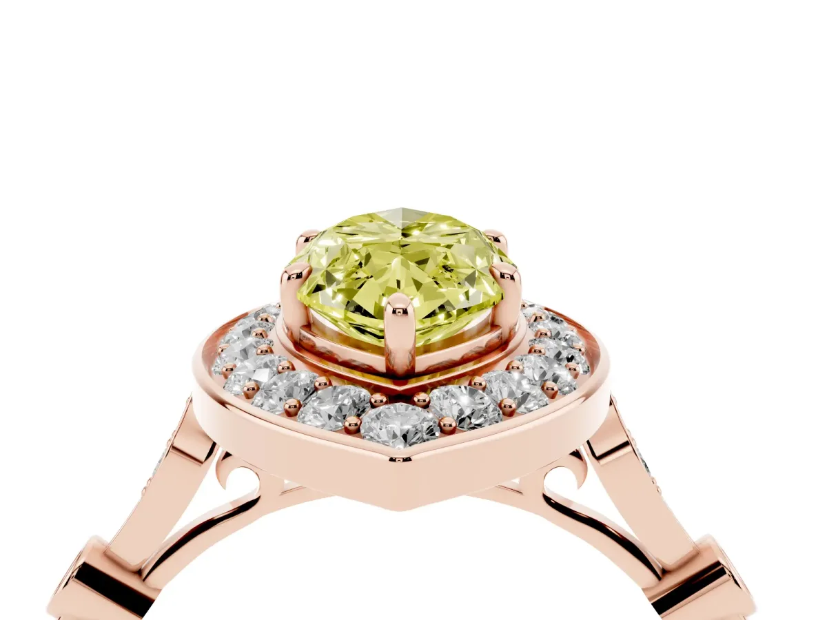 Fancy Yellow Marquise Cut Halo Diamond Engagement Ring with Twisted Band and Four-Prong Setting Rose gold