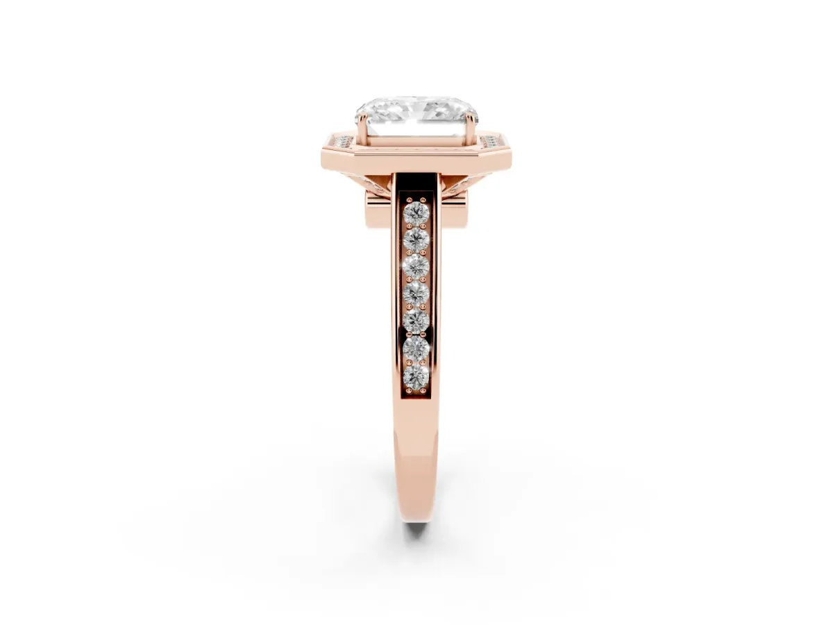 Emerald Cut Halo Solitaire Diamond Ring with Pave Band and Bezel Setting Rose gold
