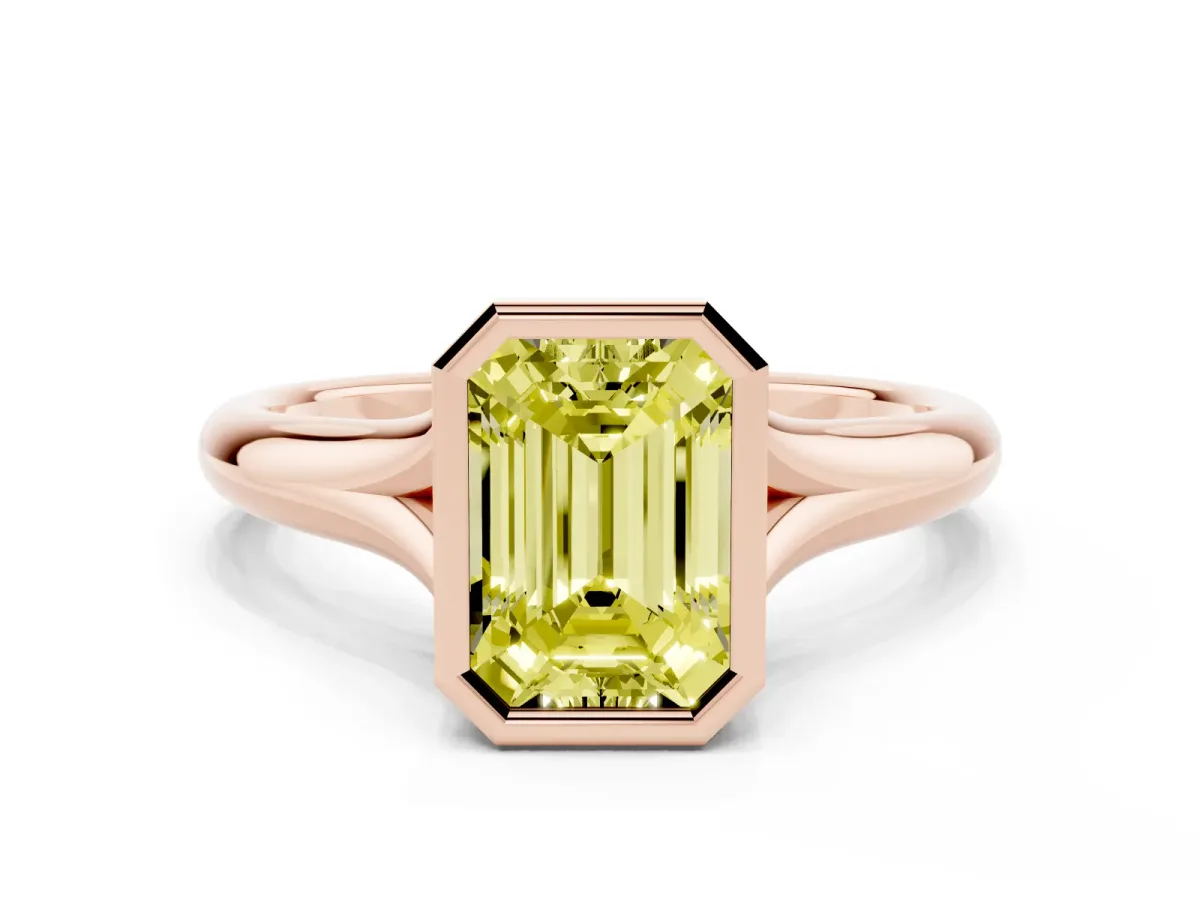 Fancy Yellow Bezel Set Emerald Cut Solitaire Diamond Ring with Smooth Band Rose gold