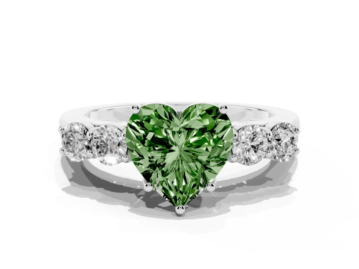 Fancy Green Heart Cut Cut Diamond Five-Stone Prong Set White Gold Ring Silver
