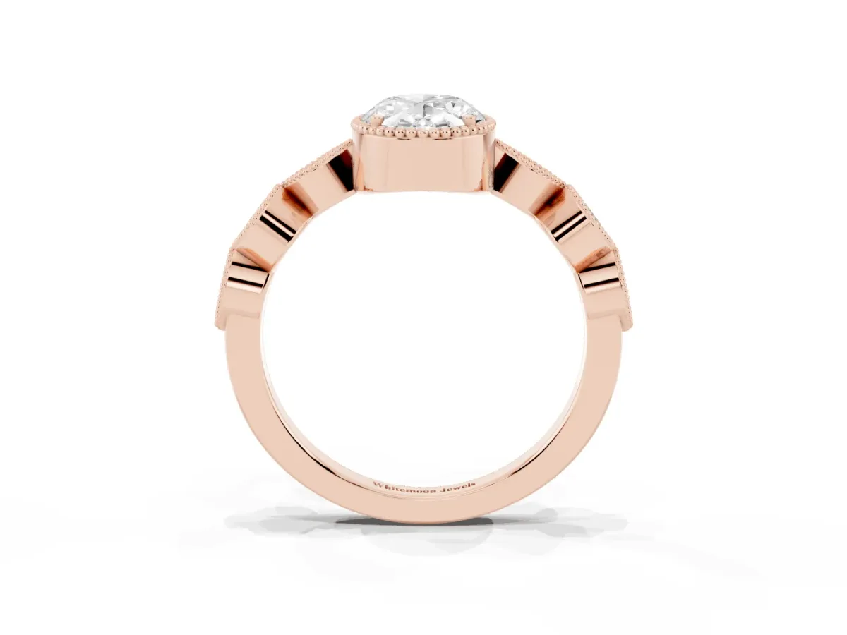 Oval Cut Diamond Vintage Milgrain Ring with Round Stations Rose gold
