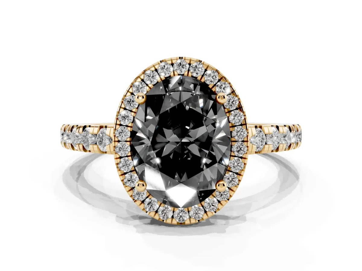 Fancy Black Oval Cut Diamond Halo Ring with Pavé Band and Four-Prong Setting Yellow gold