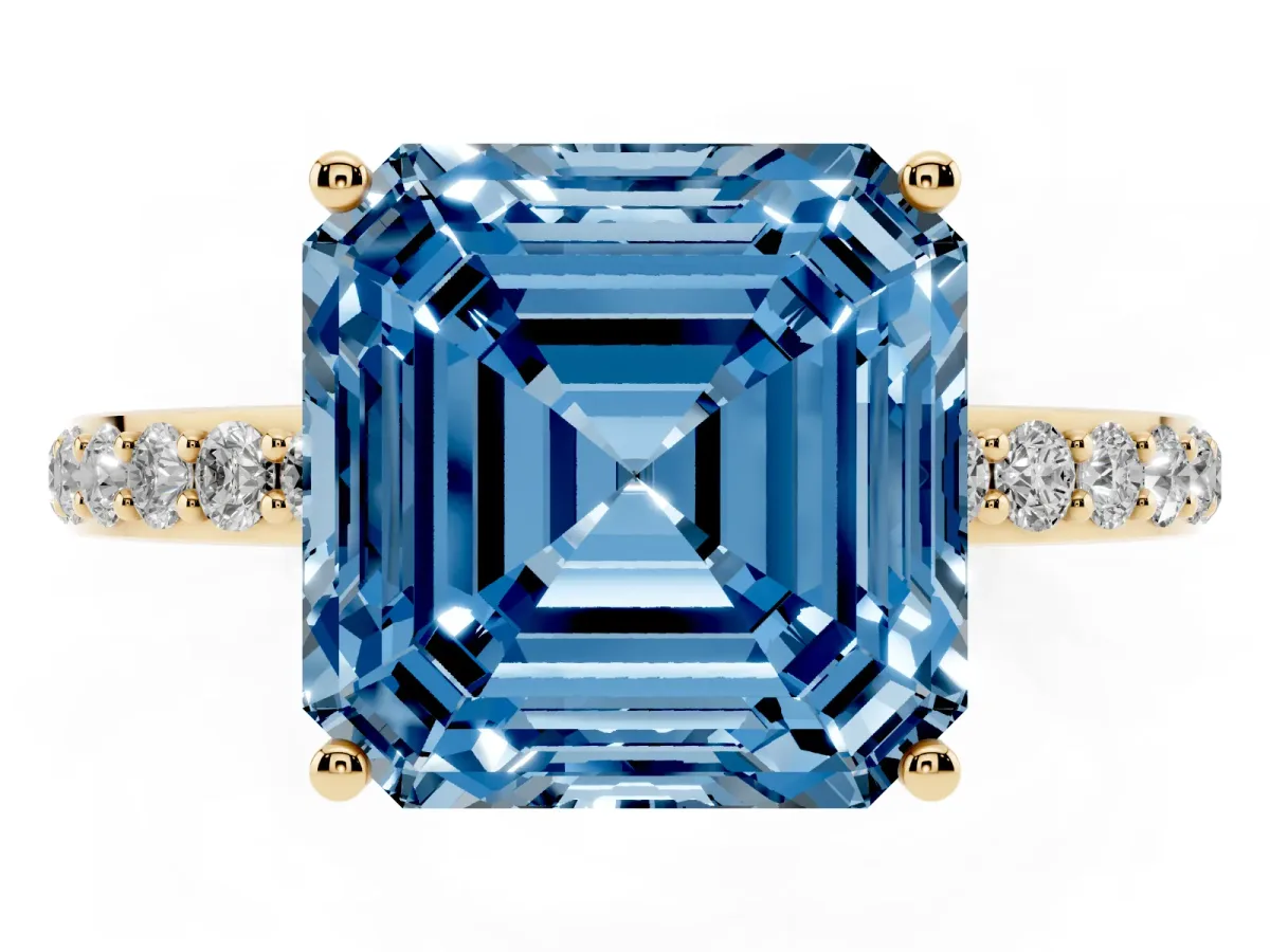 Fancy Blue Asscher Cut Diamond Solitaire Ring with Pavé Band and Hidden Halo Yellow gold