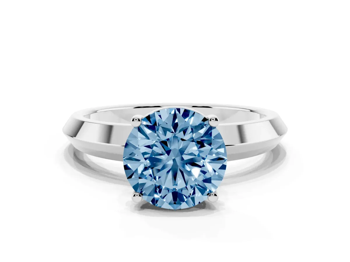 Fancy Blue Round Cut Cut Solitaire Engagement Ring with Flat Band and Four-Prong Setting Silver