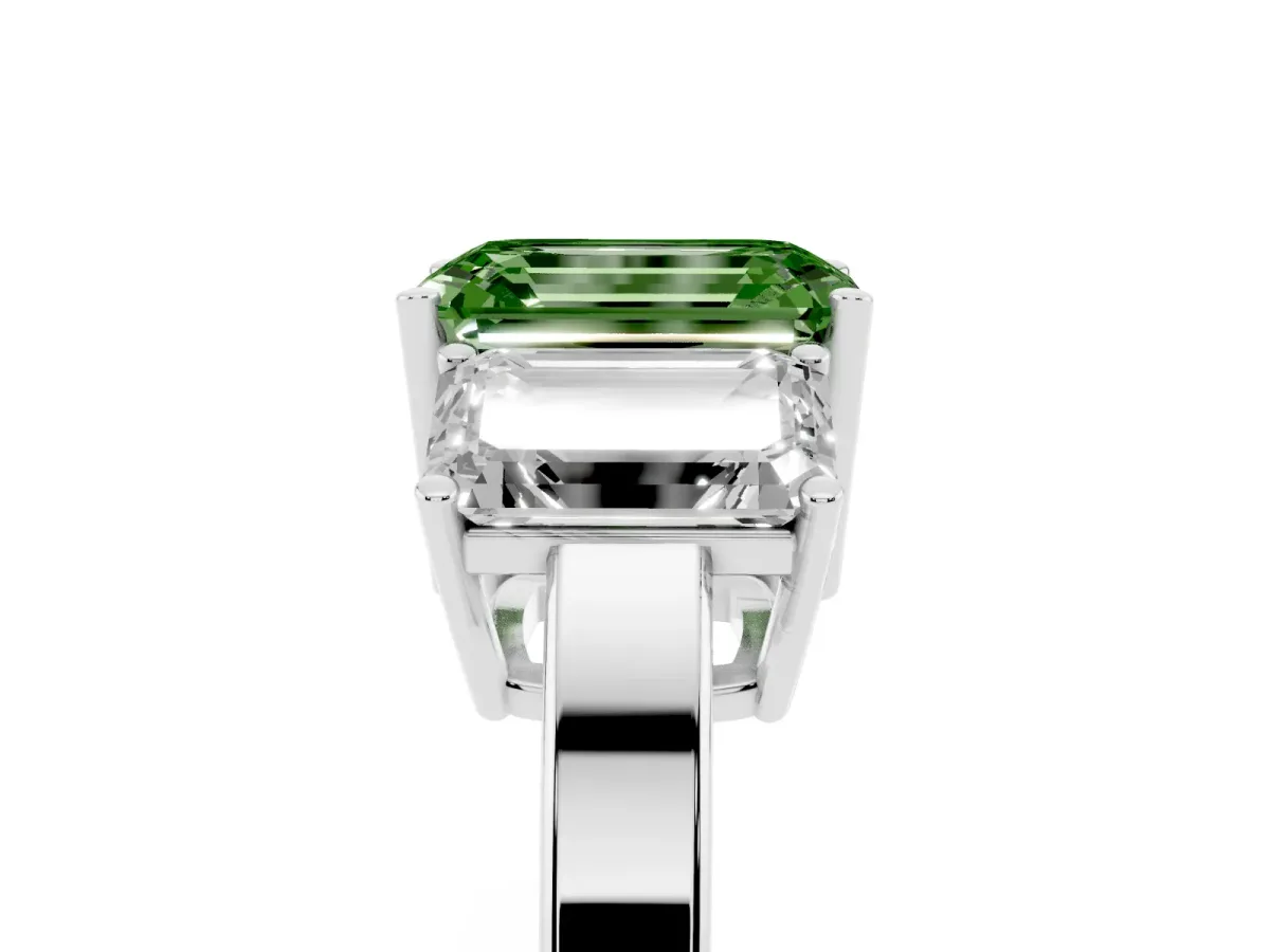 Fancy Green Three-Stone Emerald Cut Cut Diamond Engagement Ring with Flat Band and Four-Prong Setting Silver