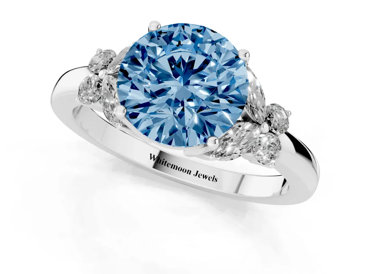 Fancy Blue Round Cut Cut Solitaire Floral Diamond Ring with Four-Prong Setting Silver