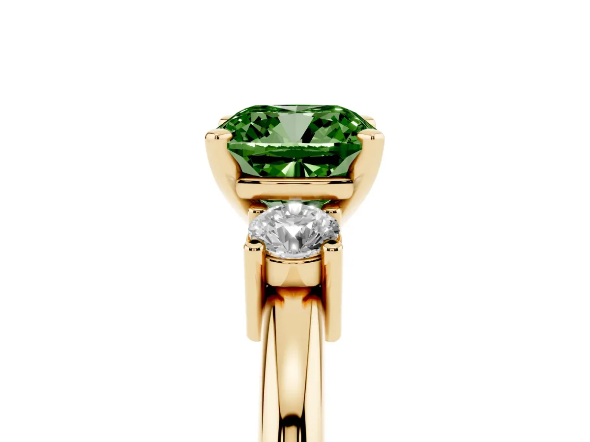 Fancy Green Three-Stone Cushion Cut Cut Diamond Solitaire with Prong Setting and Classic Band Yellow gold