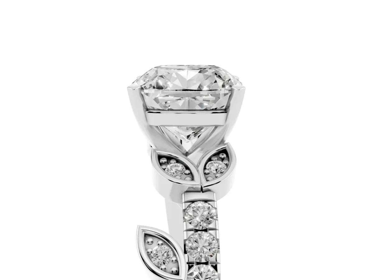 Cushion Cut Solitaire Leaf-Inspired Diamond Ring with Pavé Band and Four-Prong Setting Silver