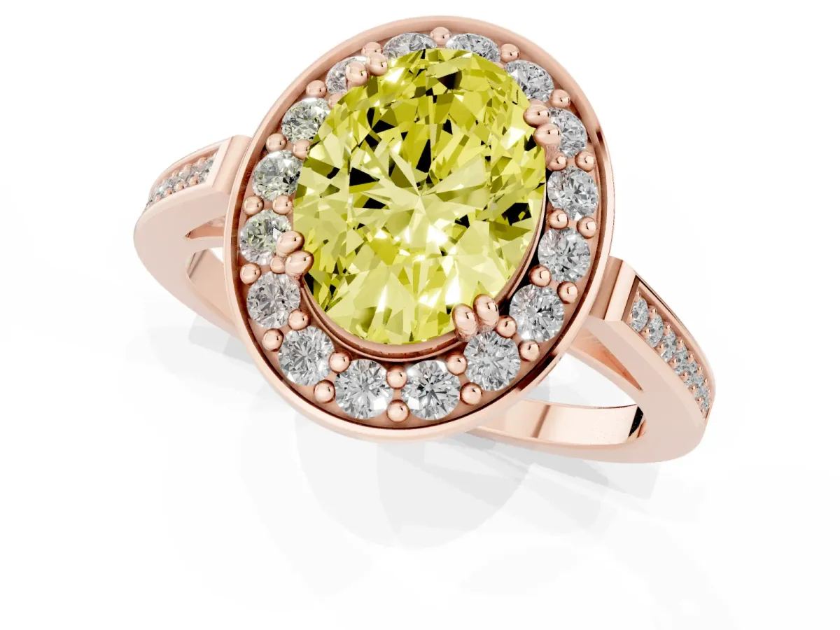 Fancy Yellow Oval Cut Diamond Halo Ring with Split Shank and Four-Prong Setting Rose gold