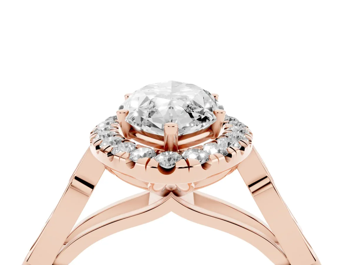 Marquise Cut Halo Diamond Engagement Ring with Filigree Band and Four-Prong Setting Rose gold