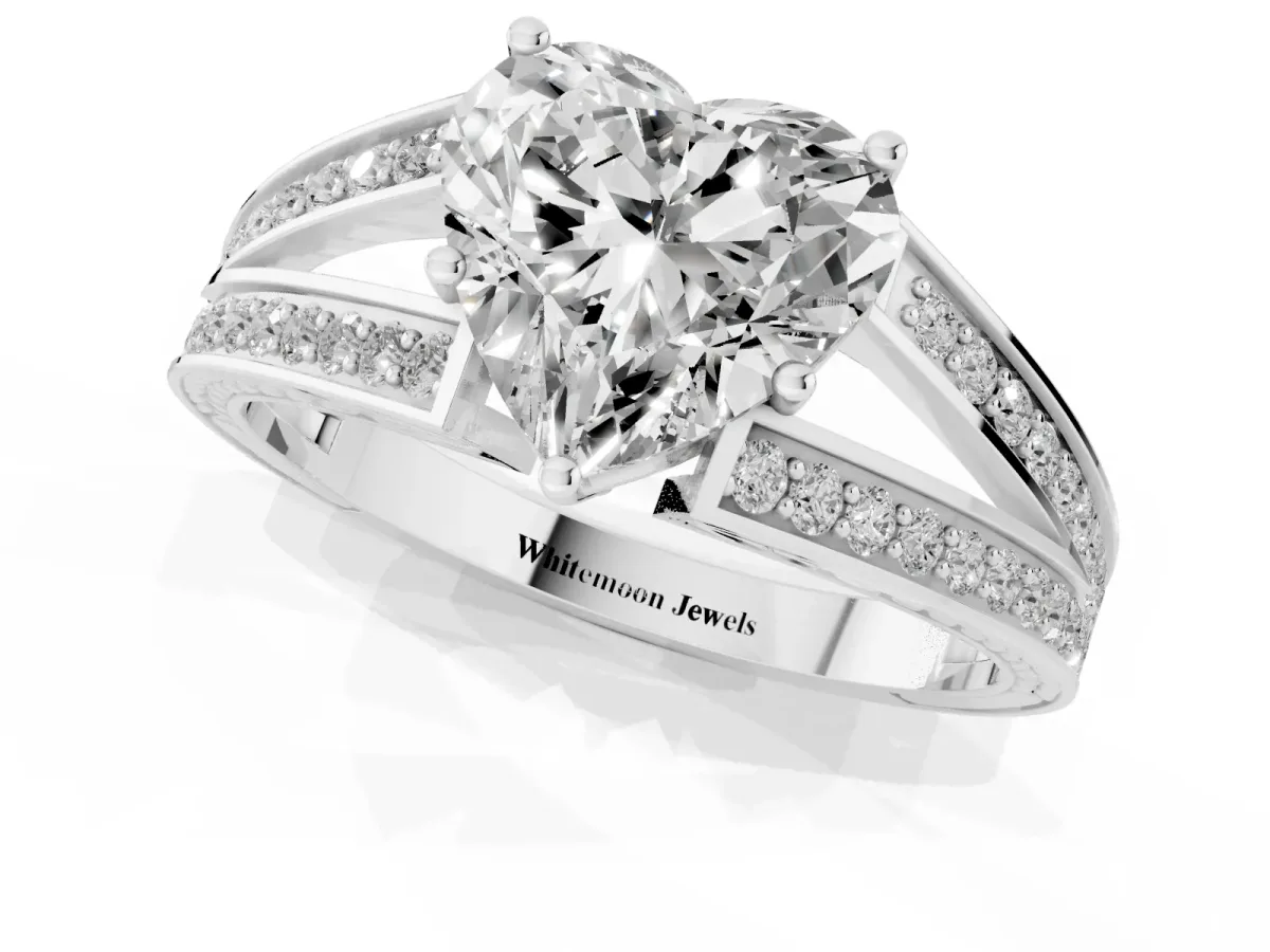 Heart Cut Diamond Split Shank Ring with Pavé Band and Four-Prong Setting Silver