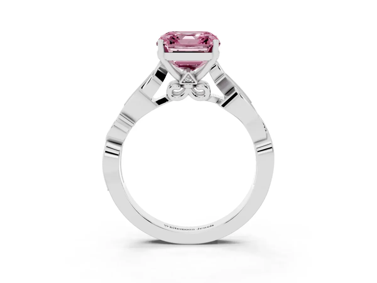 Fancy Pink Asscher Cut Solitaire Vine Band with Milgrain Prong Setting Platinum