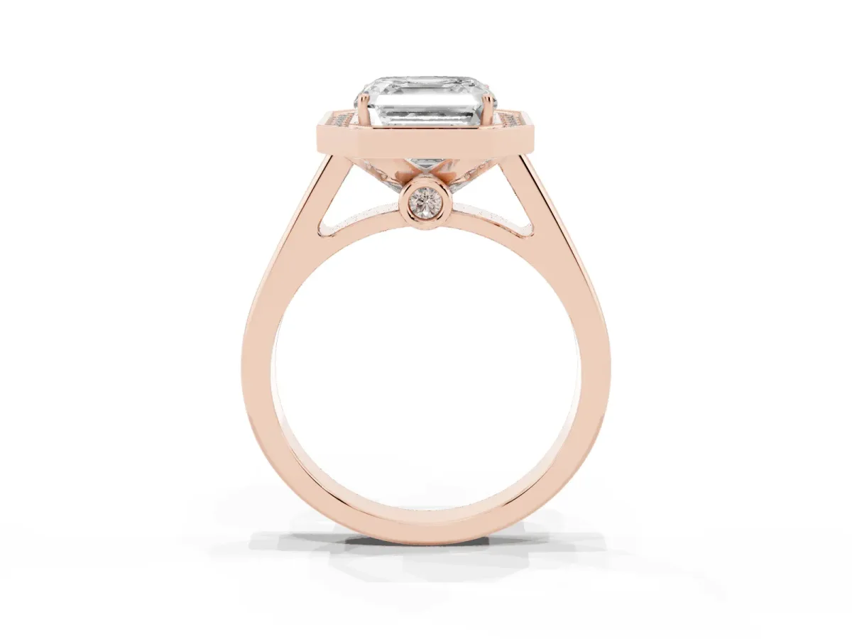 Asscher Cut Halo Solitaire Diamond Ring with Pave Band and Bezel Setting Rose gold
