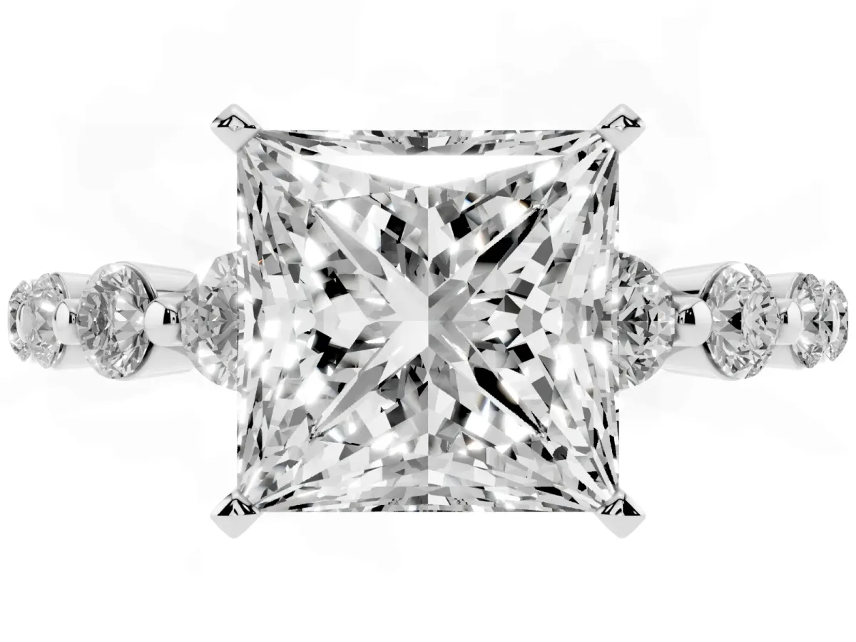 Princess Cut Solitaire Diamond Ring with Pave Band and Four-Prong Setting Silver