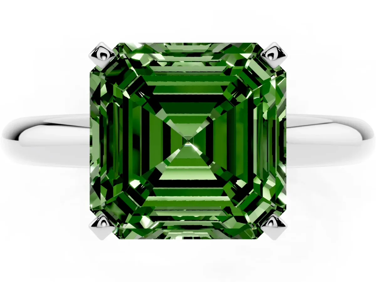 Fancy Green Asscher Cut Diamond Solitaire Engagement Ring with Round Band and Four-Prong Setting Silver