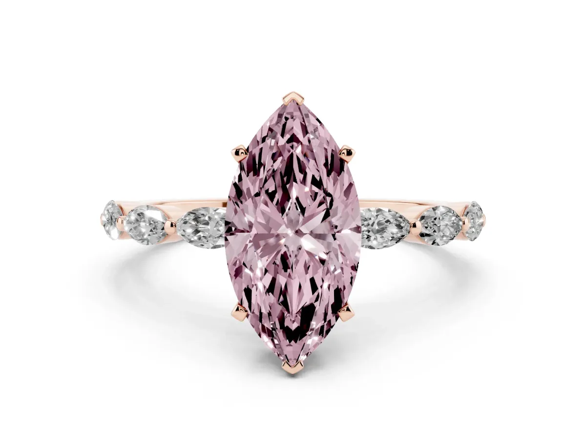 Fancy Pink Marquise Cut Diamond Ring with Marquise Side Stones and Prong Setting Rose gold