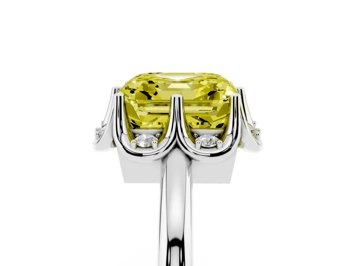 Fancy Yellow Asscher Cut Halo Diamond Ring with Round Cluster Setting, Solitaire Band, and Four-Prong Setting Silver
