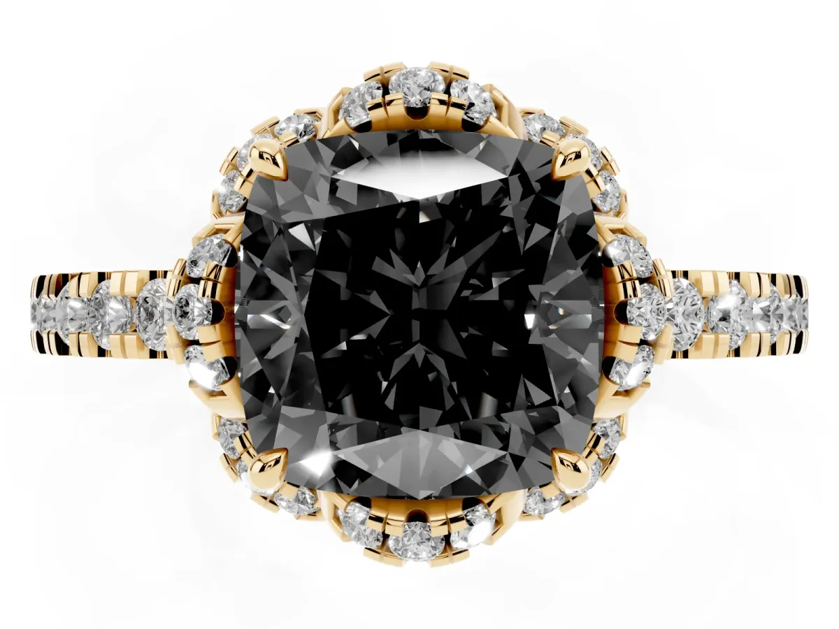 Fancy Black Cushion Cut Diamond Halo Pave Band with Four-Prong Setting Yellow gold