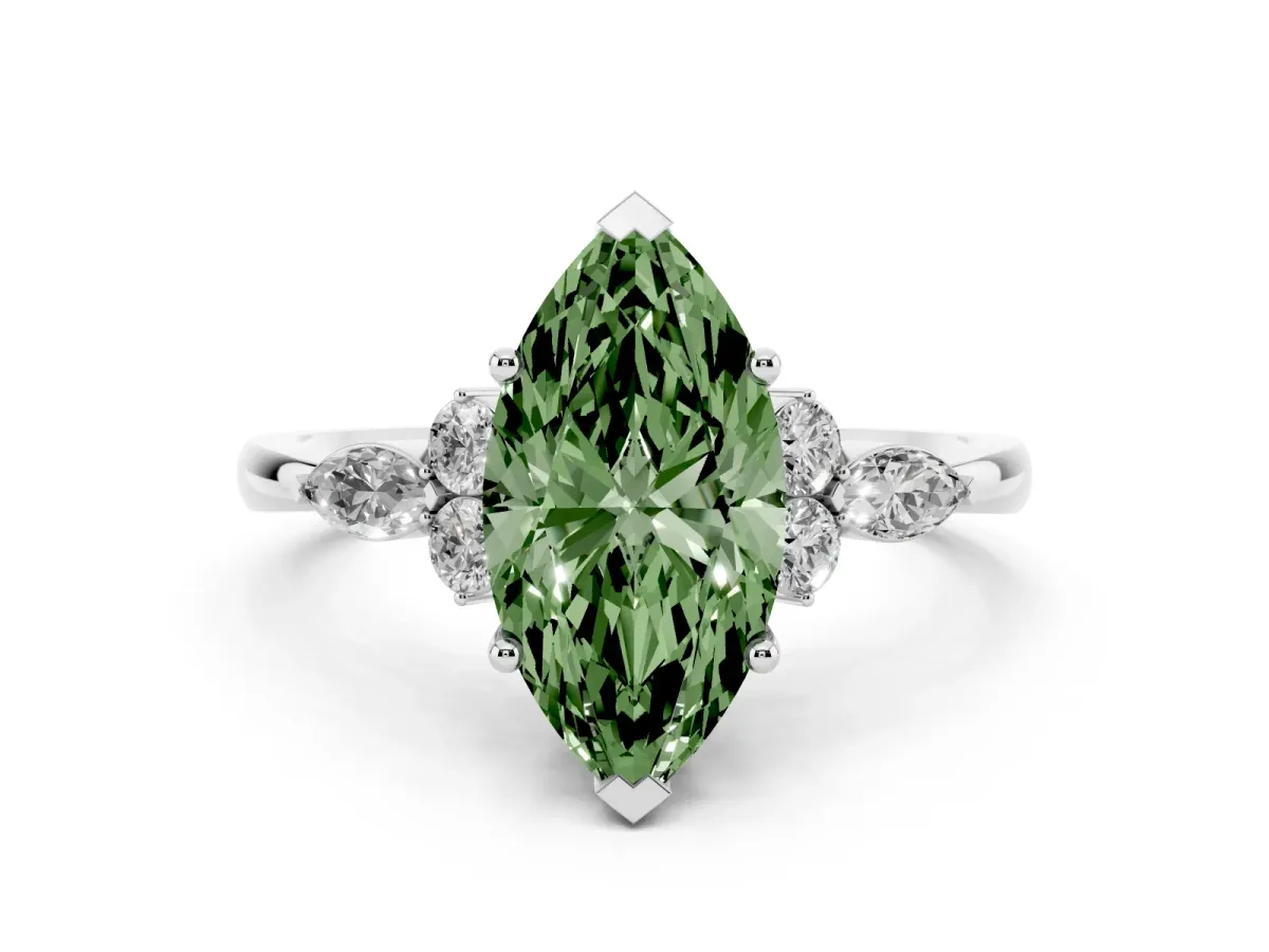 Fancy Green Marquise Cut Brilliant Diamond Solitaire Ring with Pear Side Stones and Four-Prong Setting Platinum