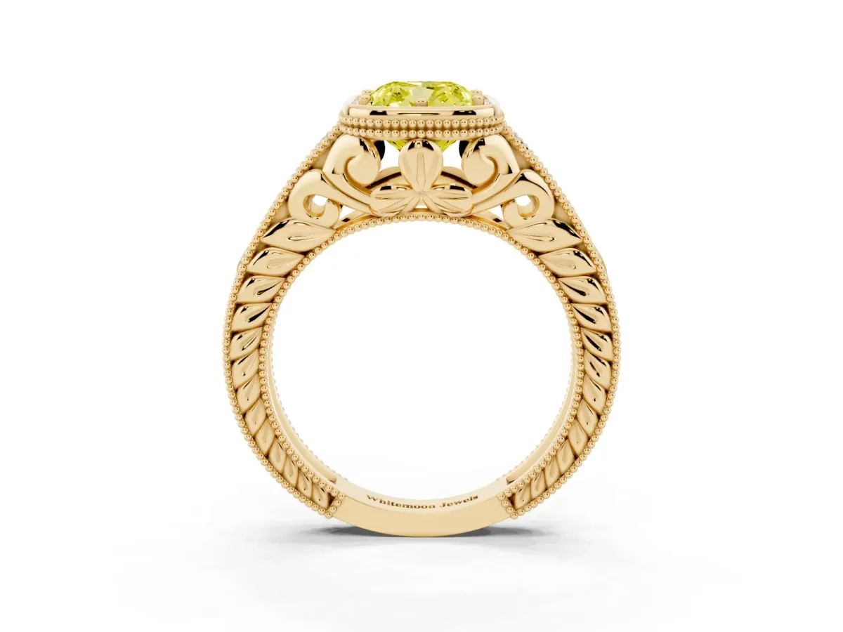 Fancy Yellow Bezel Set Cushion Cut Diamond Milgrain Pave Engagement Ring Yellow gold