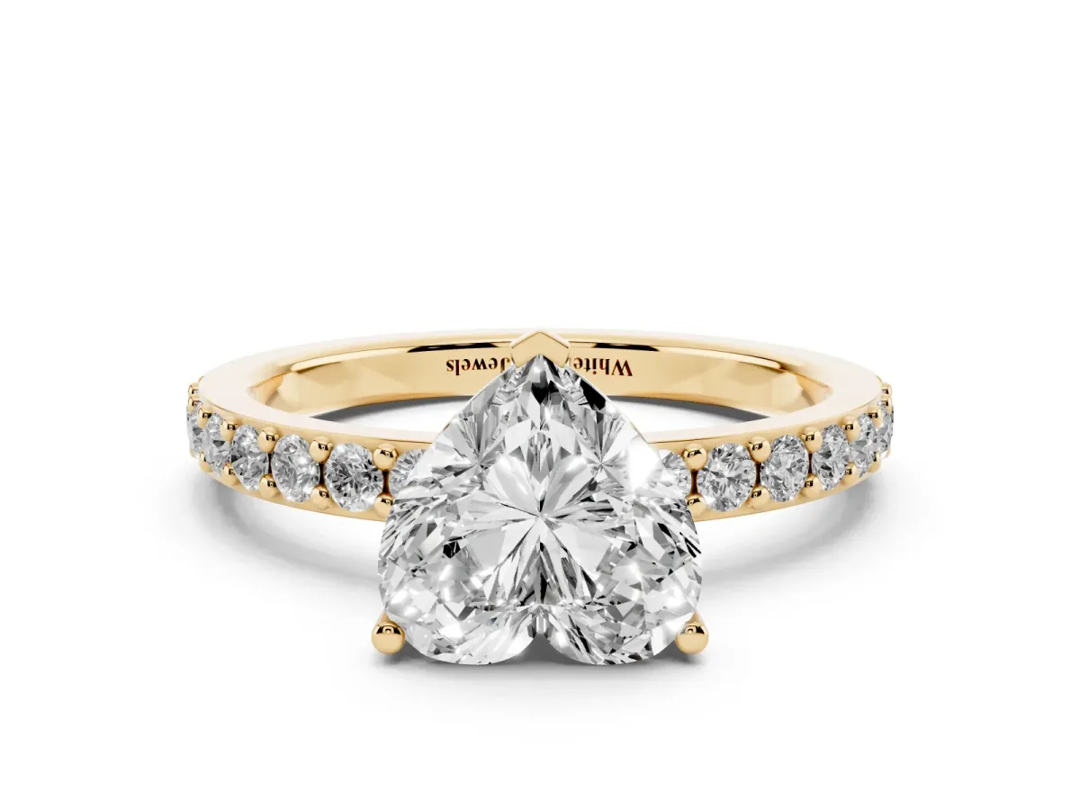 Heart Cut Cut Diamond Solitaire with Pave Band and Four-Prong Setting Yellow gold