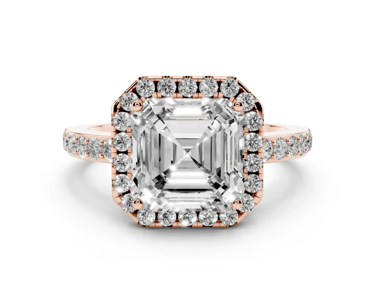 Asscher Cut Halo Diamond Pavé Band Ring with Prong Setting Rose gold