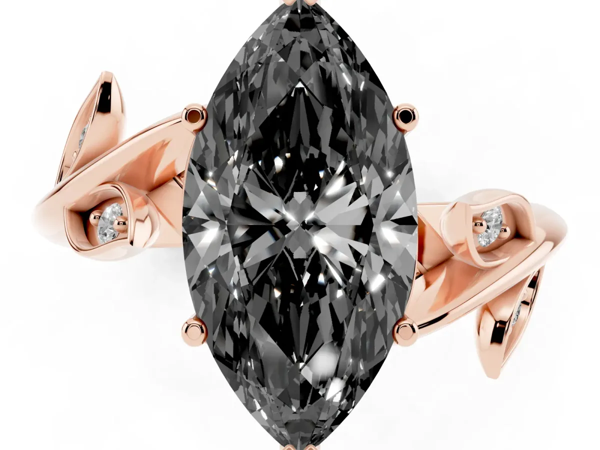 Fancy Black Marquise Cut Solitaire Twist Engagement Ring with Leaf Accents and Prong Setting Rose gold