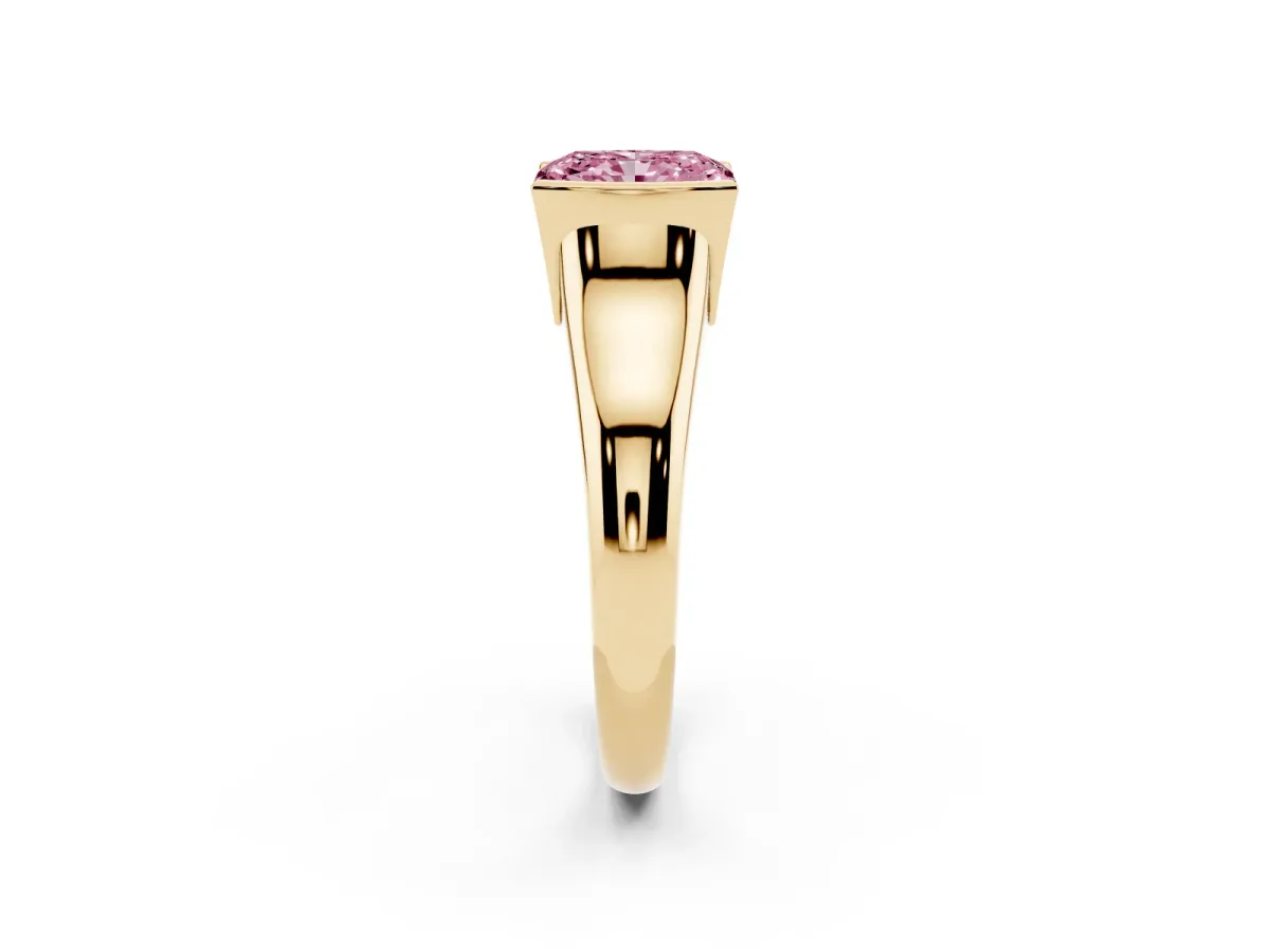 Fancy Pink Radiant Cut Solitaire Tension Set Diamond Ring with Split Shank Band Yellow gold
