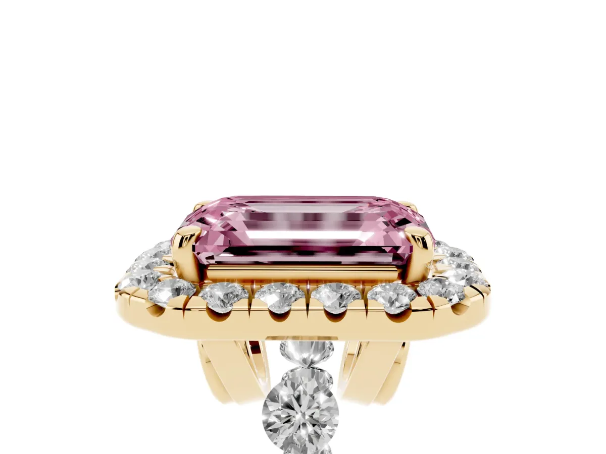 Fancy Pink Emerald Cut Halo Pavé Diamond Engagement Ring with Four-Prong Setting Yellow gold
