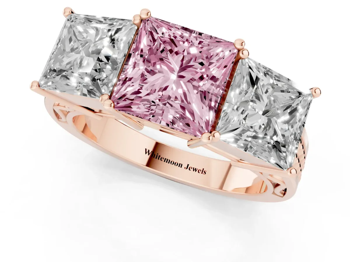 Fancy Pink Princess Cut Diamond Three-Stone Ring with Prong Setting and Textured Band Rose gold