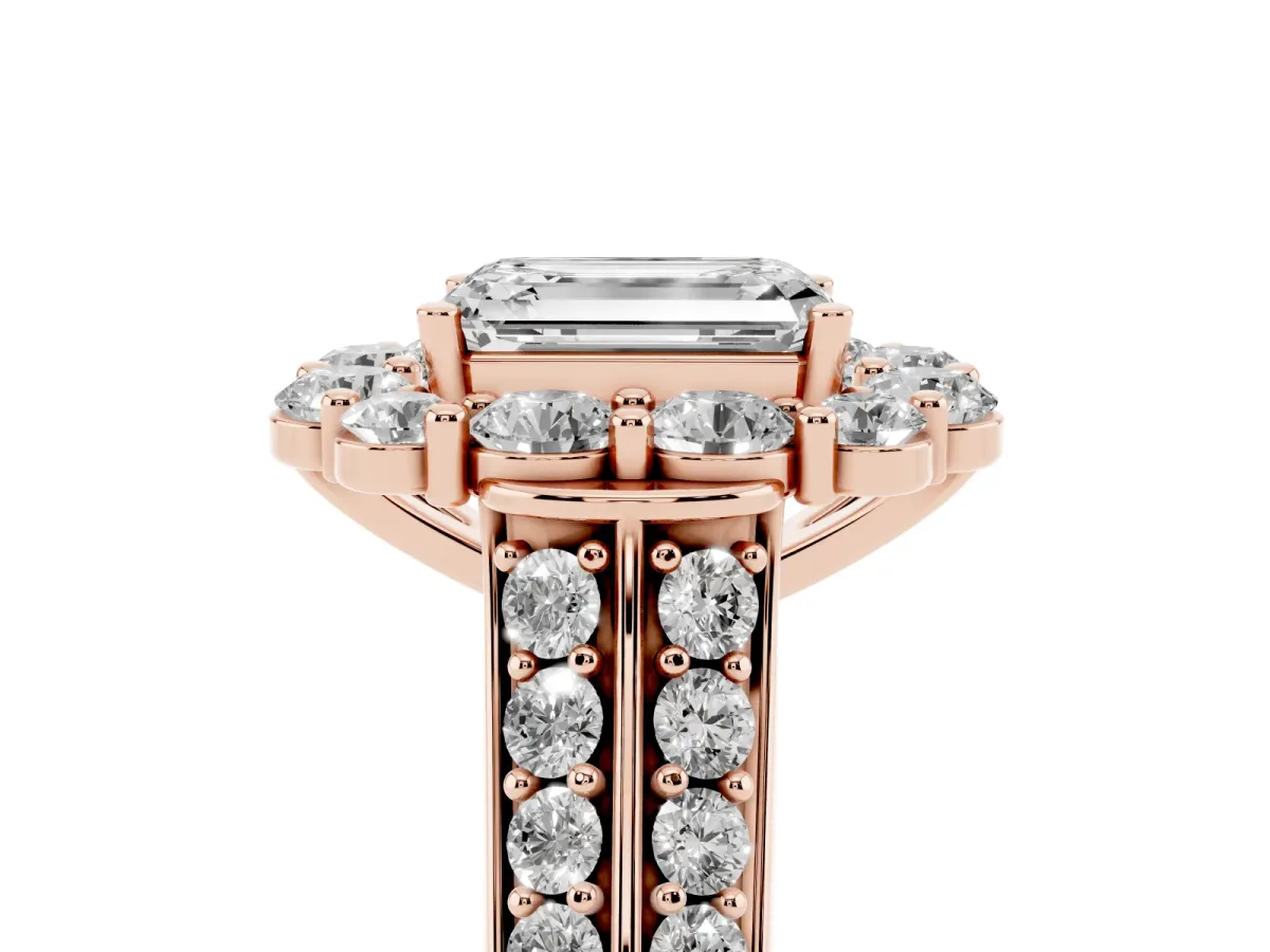 Emerald Cut Halo Diamond Engagement Ring with Split Shank and Prong Setting Rose gold