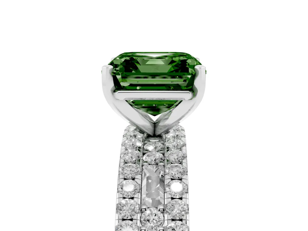 Fancy Green Asscher Cut Diamond Solitaire Ring with Pavé and Channel Set Band Silver