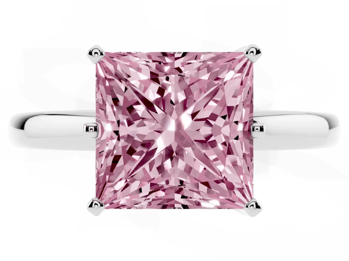 Fancy Pink Princess Cut Solitaire Diamond Ring with Six-Prong Setting on a Classic Band Silver