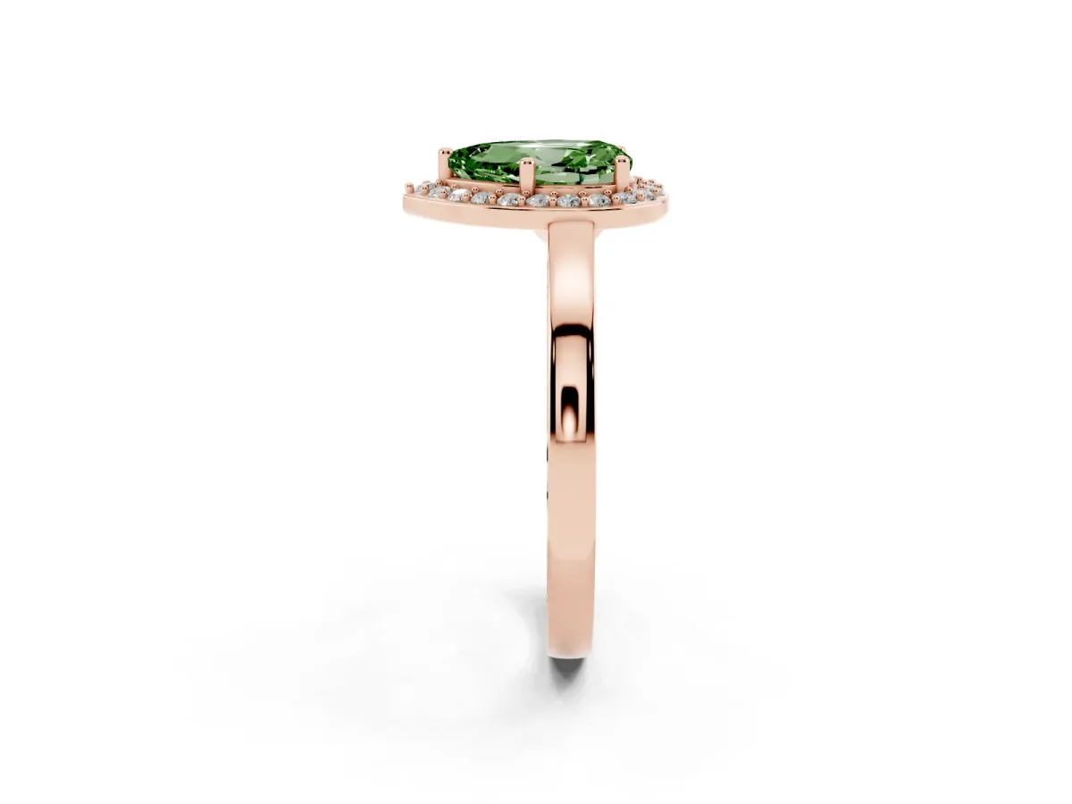 Fancy Green Pear Cut Halo Diamond Ring with Solitaire Band and Prong Setting Rose gold
