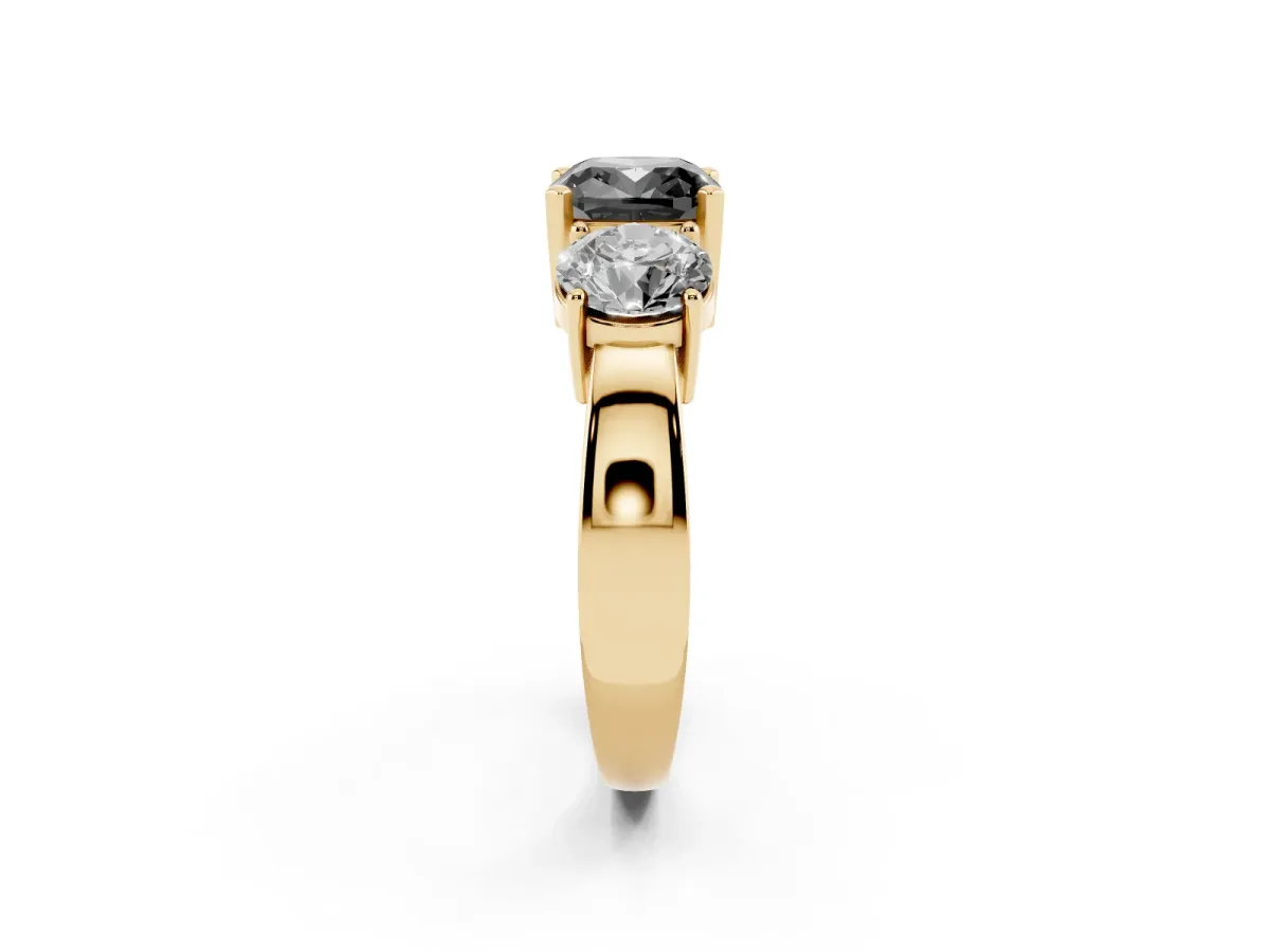 Fancy Black Three-Stone Cushion Cut Diamond Ring with Round Side Stones, Classic Band, and Four-Prong Setting Yellow gold
