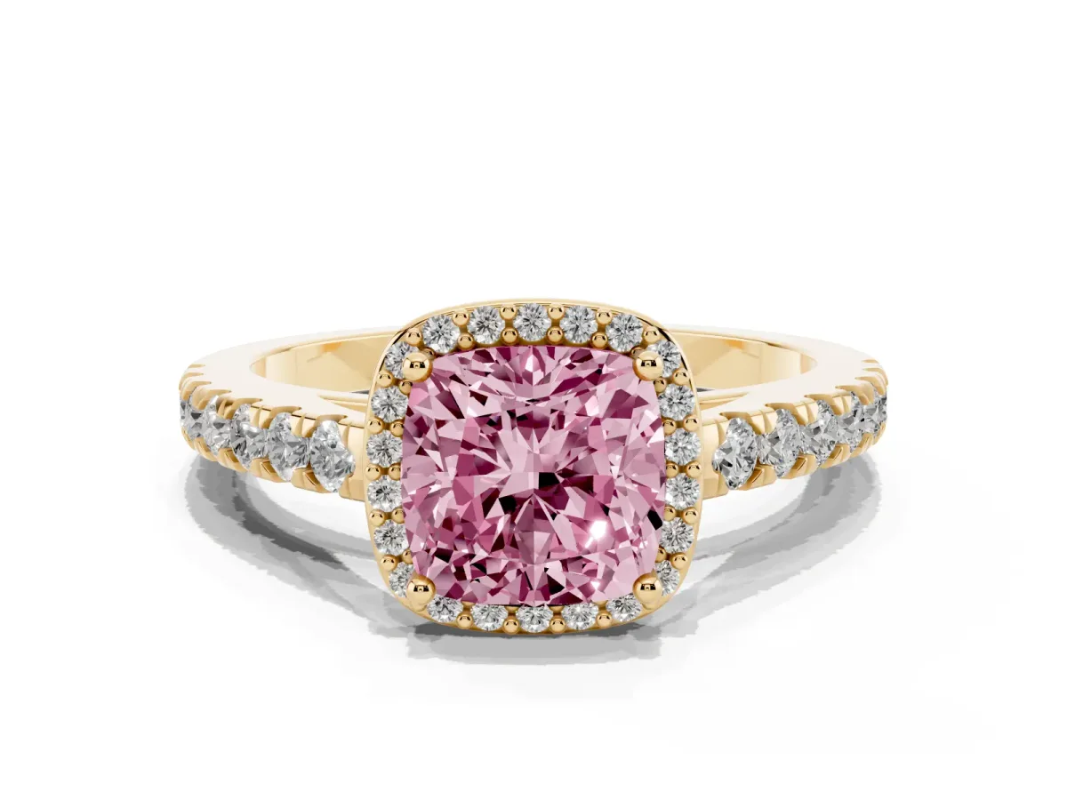 Fancy Pink Cushion Cut Cut Halo Diamond Engagement Ring with Pave Band and Four-Prong Setting Yellow gold