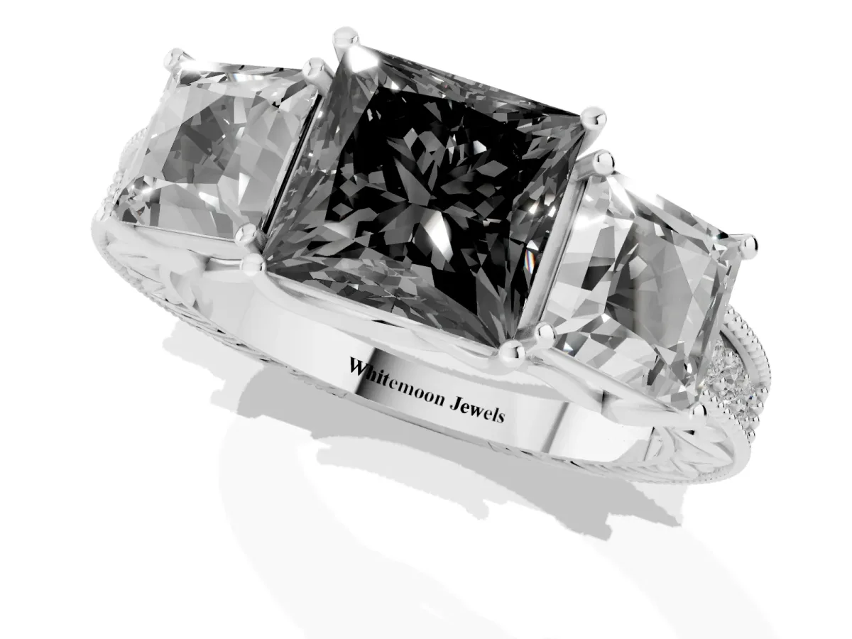 Fancy Black Three-Stone Princess Cut Cut Milgrain Pavé Engagement Ring Platinum