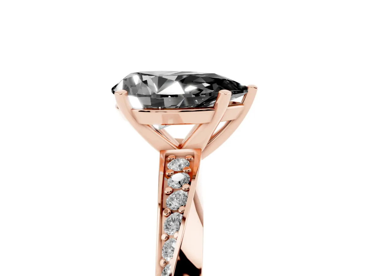 Fancy Black Pear Cut Diamond Engagement Ring with Side Stone Accents and Four-Prong Setting Rose gold