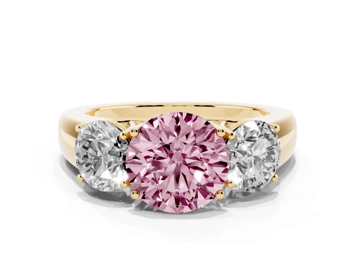 Fancy Pink Three-Stone Round Cut Cut Diamond Ring with Prong Setting and Classic Band Yellow gold