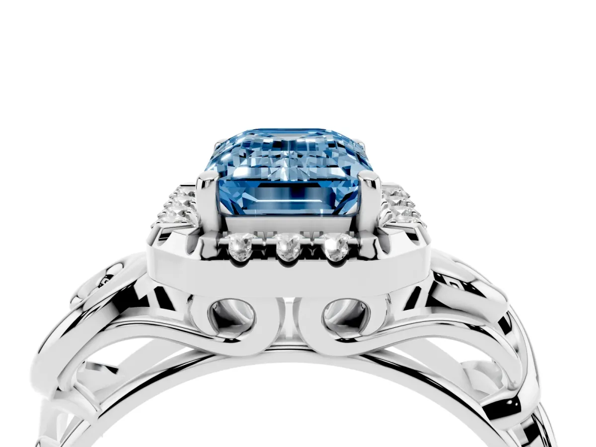 Fancy Blue Emerald Cut Cut Halo Diamond Ring with Scrollwork Band and Four-Prong Setting Silver