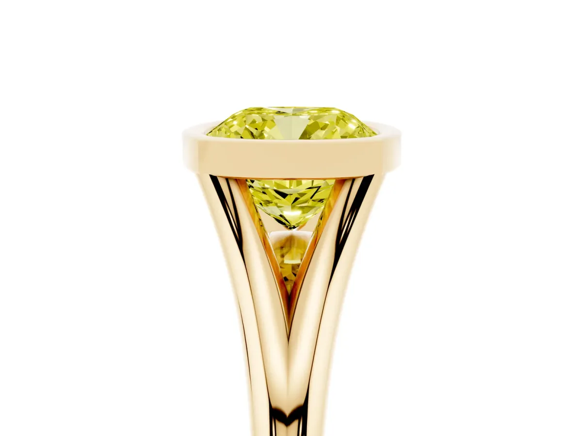 Fancy Yellow Bezel Set Cushion Cut Cut Solitaire Ring with Tapered Band Yellow gold