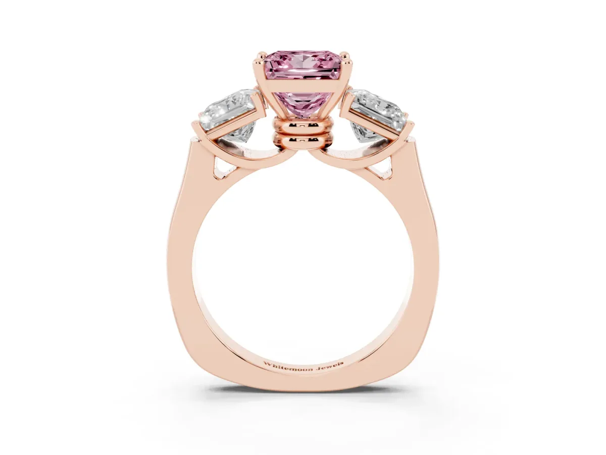 Fancy Pink Three-Stone Princess Cut Brilliant Diamond Trellis Ring with Comfort Fit Band Rose gold