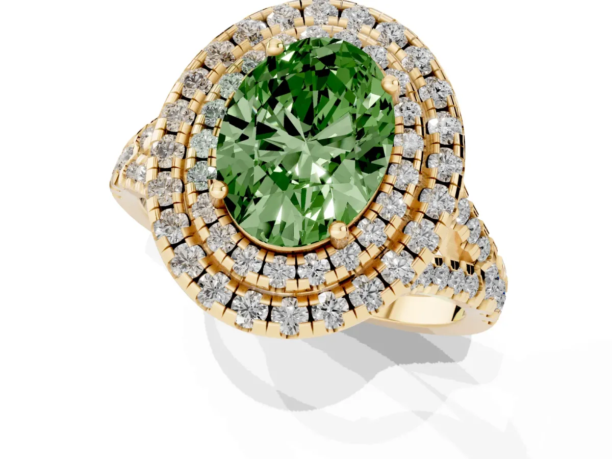 Fancy Green Double Halo Oval Cut Diamond Pavé Split Shank Ring with Prong Setting Yellow gold