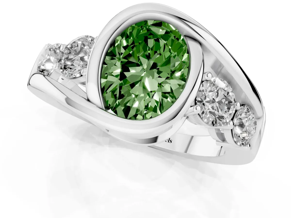 Fancy Green Bezel Set Oval Cut Diamond Bypass Ring with Round Accents Silver